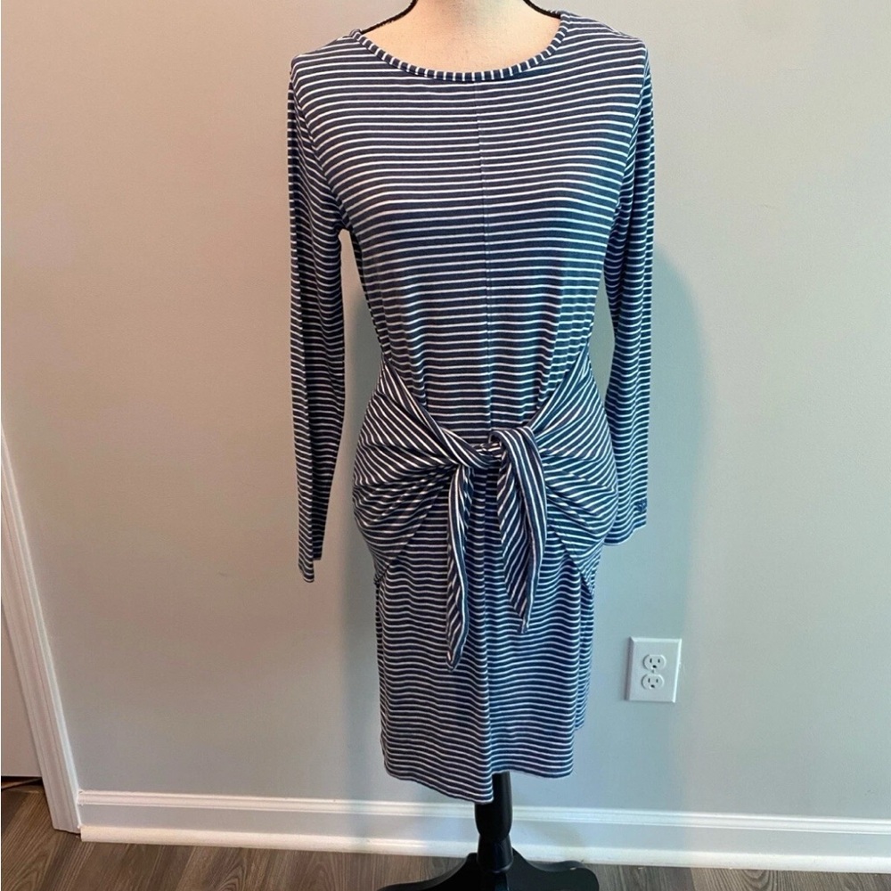 Coolibar UPF 50 Blue Stripe Long Sleeve Tie Wrap Dress Women’s Size XS EUC